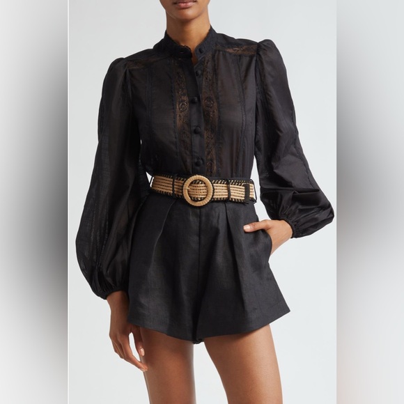 Zimmermann Tops - NWT Zimmermann Halliday Floral Lace Trim Balloon Sleeve Button Up Shirt 2 US8